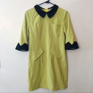 chartreuse shift dress with black collar